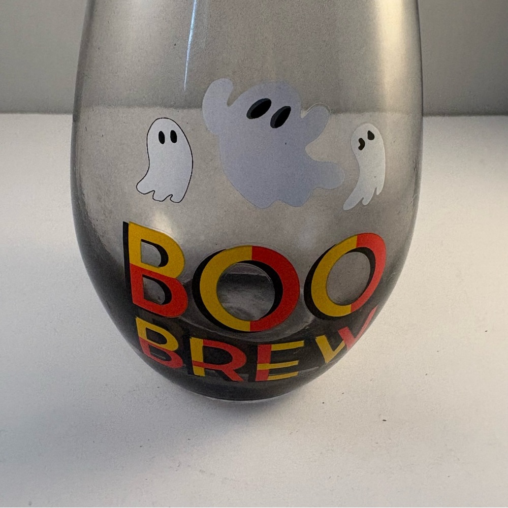 Boo Brew Stemless Wine Drinking Glass‎ Halloween Ghost Dark Bottom Yellow Orange